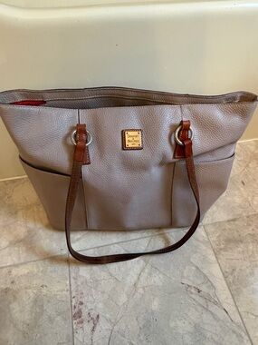 Dooney & Bourke Gray Pebbled Leather Tote with Brown Straps and Red Lining